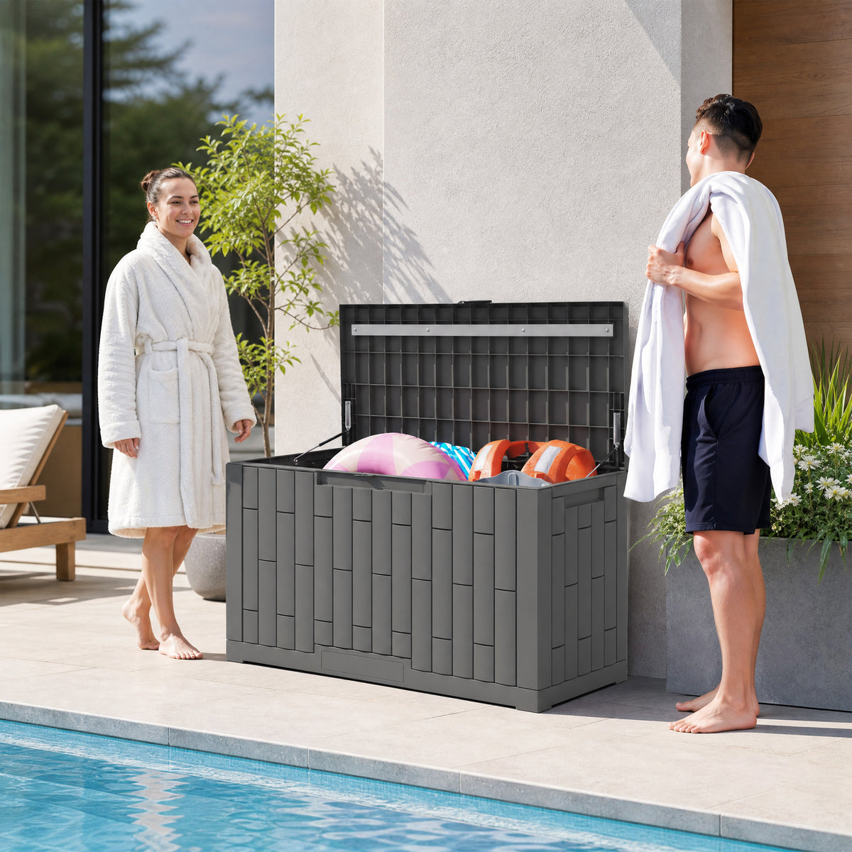 Coffre de Rangement Extérieur 379 L Verrouillable avec Vérin à Gaz, Aspect Bois, 122,5x56x62cm, Gris-8