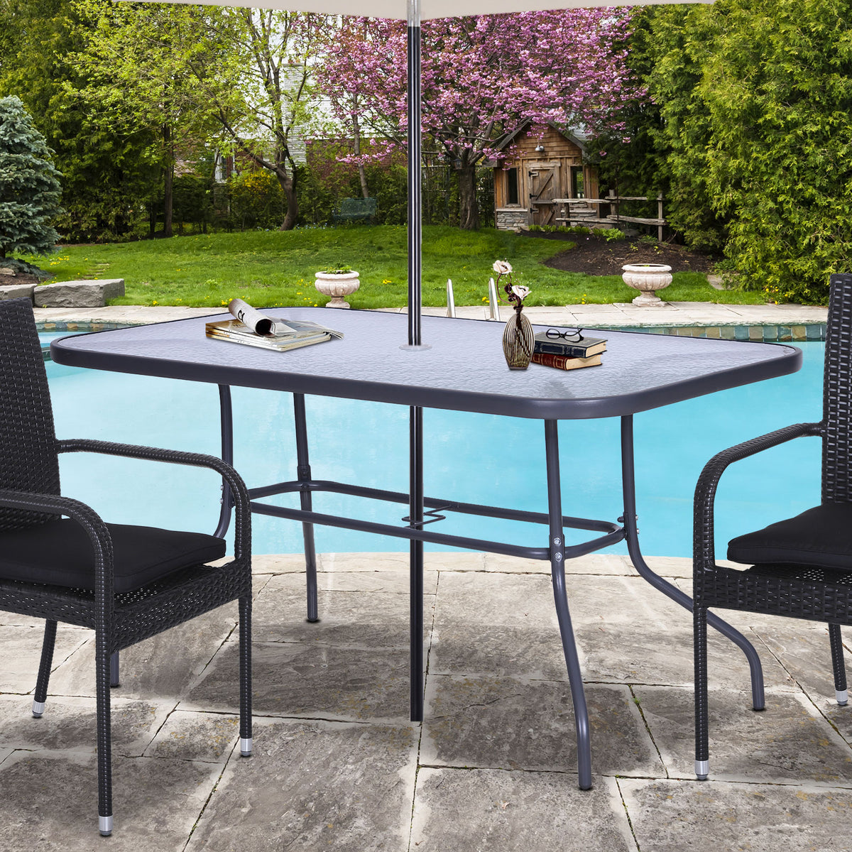 Table de Jardin rectangulaire dim. 140L X 80l x 70H cm métal époxy Gris Plateau Verre trempé-1