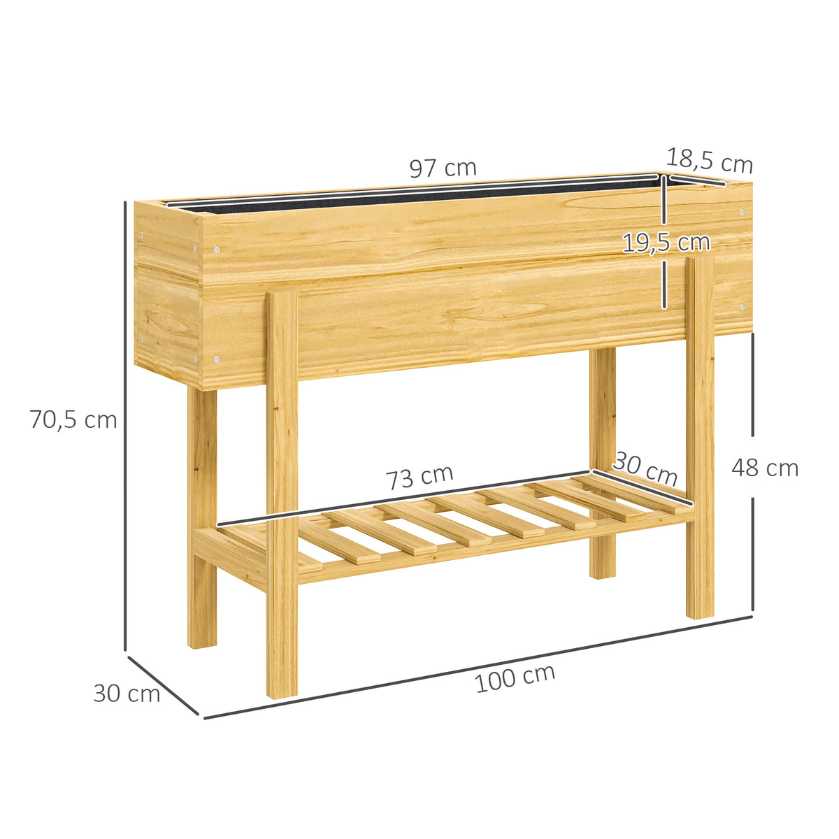 Jardinière sur pieds carré potager de jardin sur pieds avec 2 trous de drainage en bois 100 x 30 x  70,5 cm bois naturel-2
