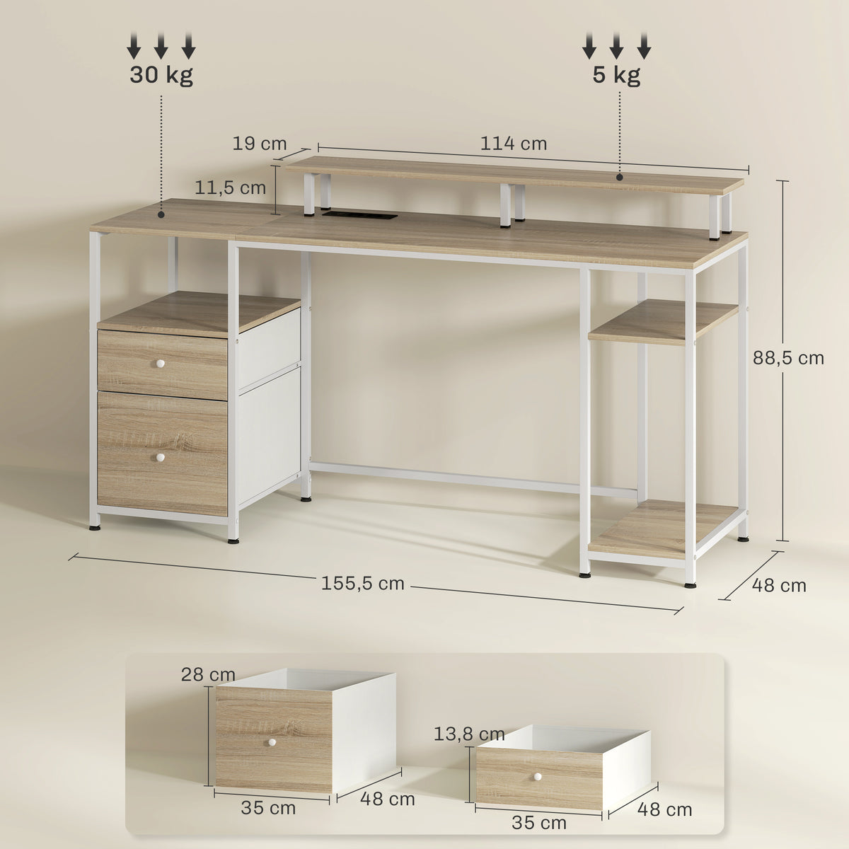 Bureau d'ordinateur bureau lumières LED réglables 2 prises ports USB tiroirs étagères 155,5x48x88,5cm effet bois naturel-2