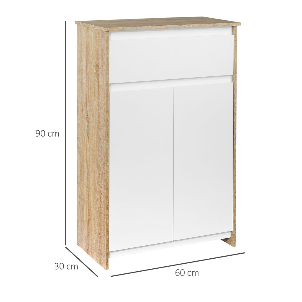 Meuble de salle de bain, meuble de rangement, tiroir et placard double porte, 60x30x90cm, blanc et effet bois naturel-2