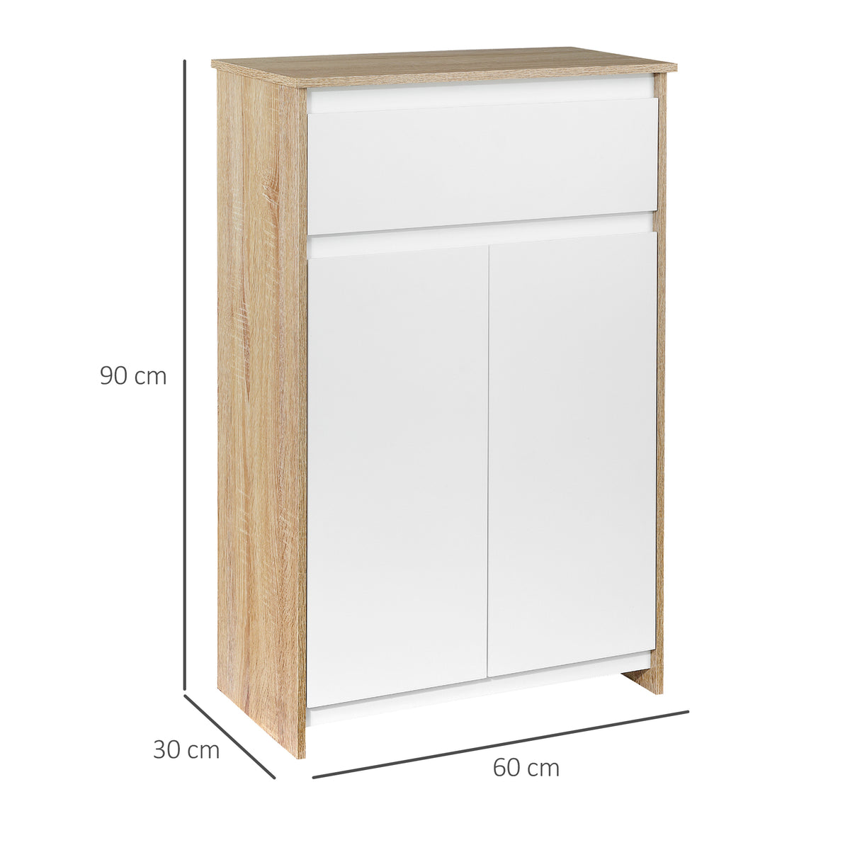 Meuble de salle de bain, meuble de rangement, tiroir et placard double porte, 60x30x90cm, blanc et effet bois naturel-2