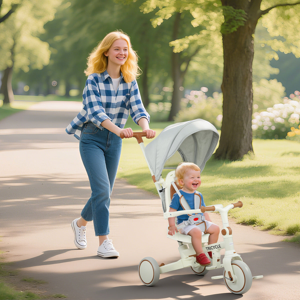 Tricycle bébé évolutif 5 en 1, tricycle enfant pliable avec poignée réglable, capote amovible, pour 1-3 ans, crème-9