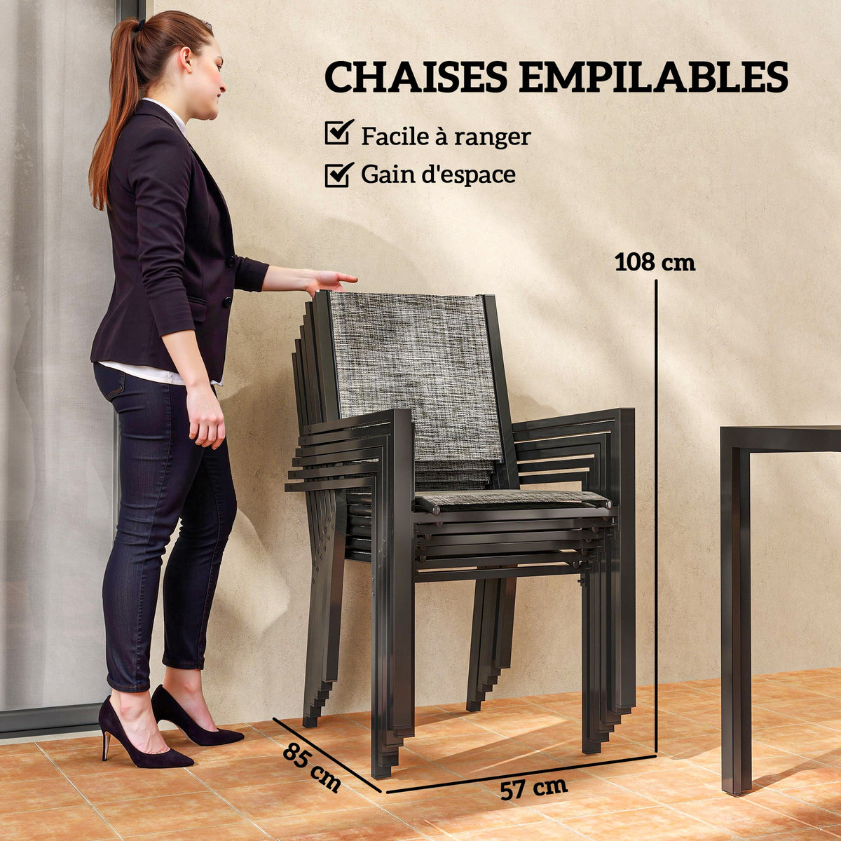Table de jardin extérieure avec 6 chaises empilables, plateau à lattes 150 cm, structure en acier anti-rouille, noir-3