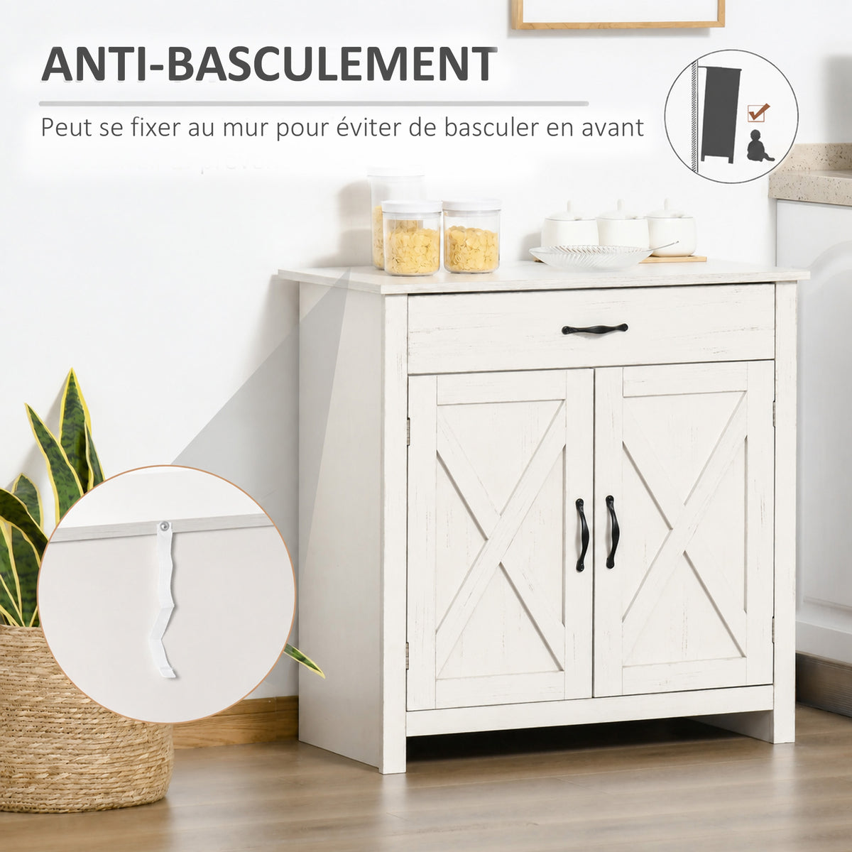 Buffet salon, meuble de rangement avec tiroir, 2 portes de grange et étagère réglable, 80 x 39,7 x 80 cm, blanc-5