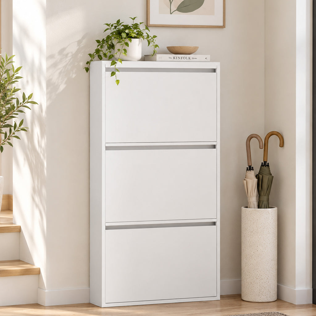 Meuble à Chaussures en Métal 6 Paires, Armoire à Chaussures Étroite avec 3 Tiroirs Rabattables, 55x15x105,5cm, Blanc-8