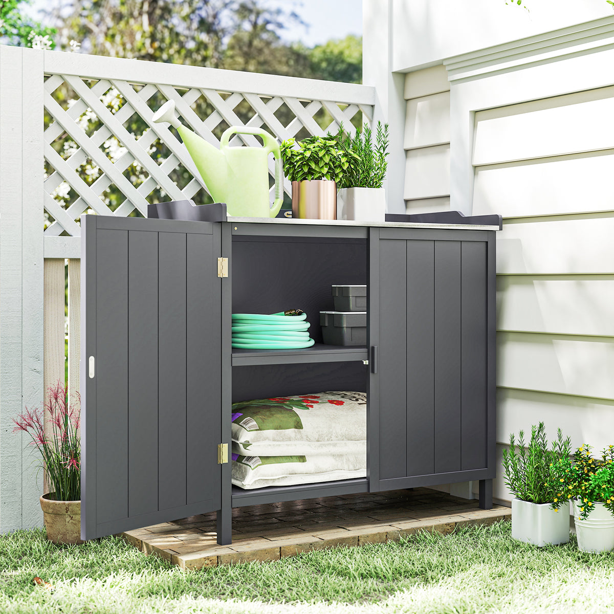 Armoire de rangement de jardin sur pied, table de rempotage 2 en 1 double porte, étagère, plateau métal galvanisé - gris-8