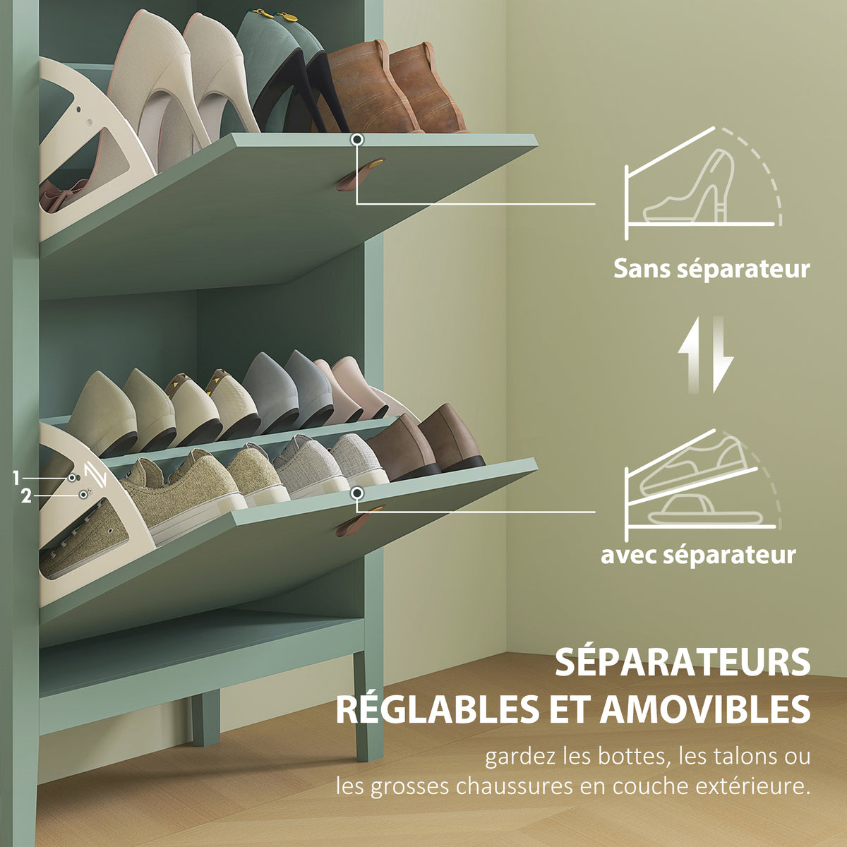Meuble à chaussures 14 paires, armoire à chaussures avec 2 tiroirs rabattables, étagères amovibles et réglables, vert-4