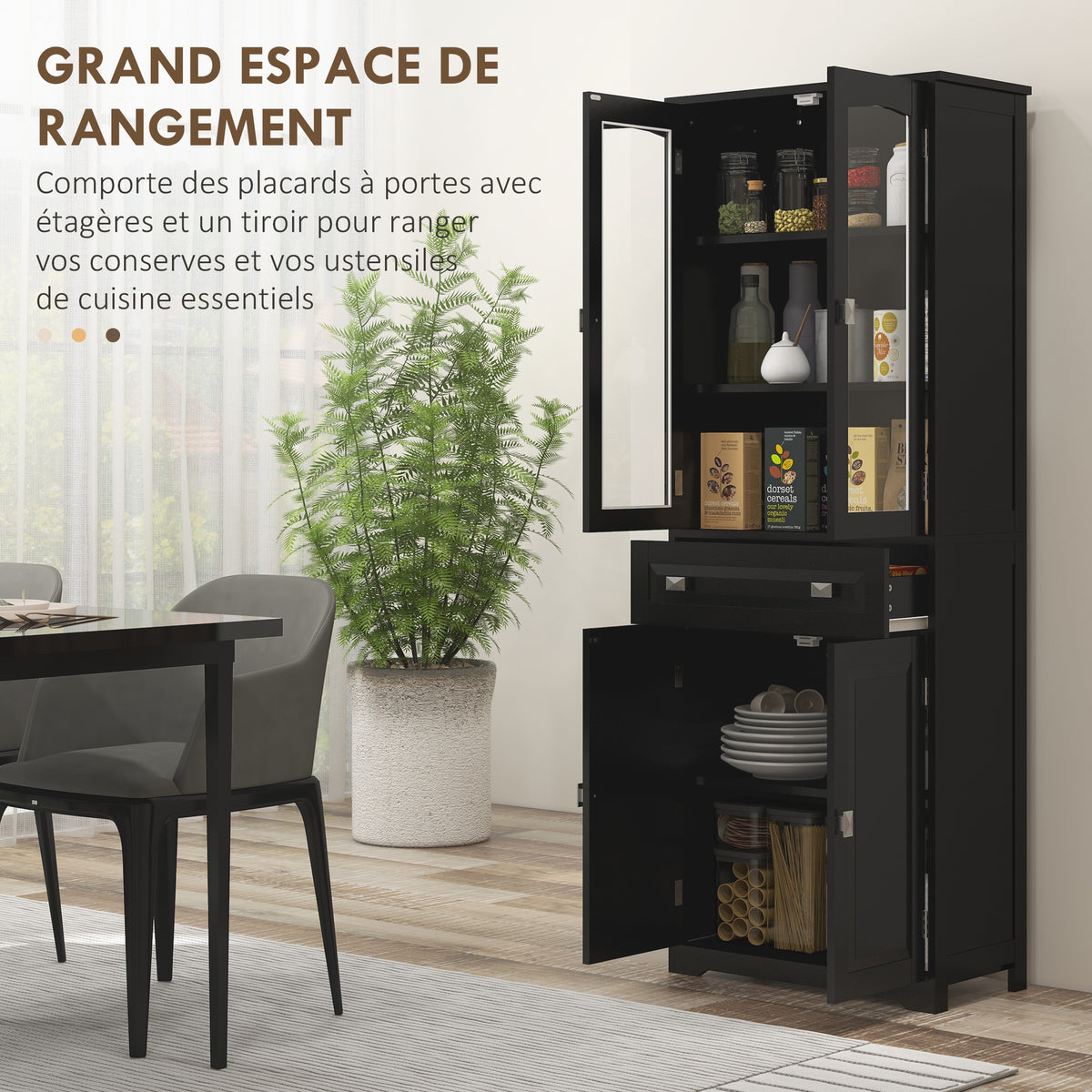 Buffet haut armoire de cuisine 4 portes dont 2 portes vitrées et 1 tiroir hauteur 160 cm avec étagères en bois noir-3