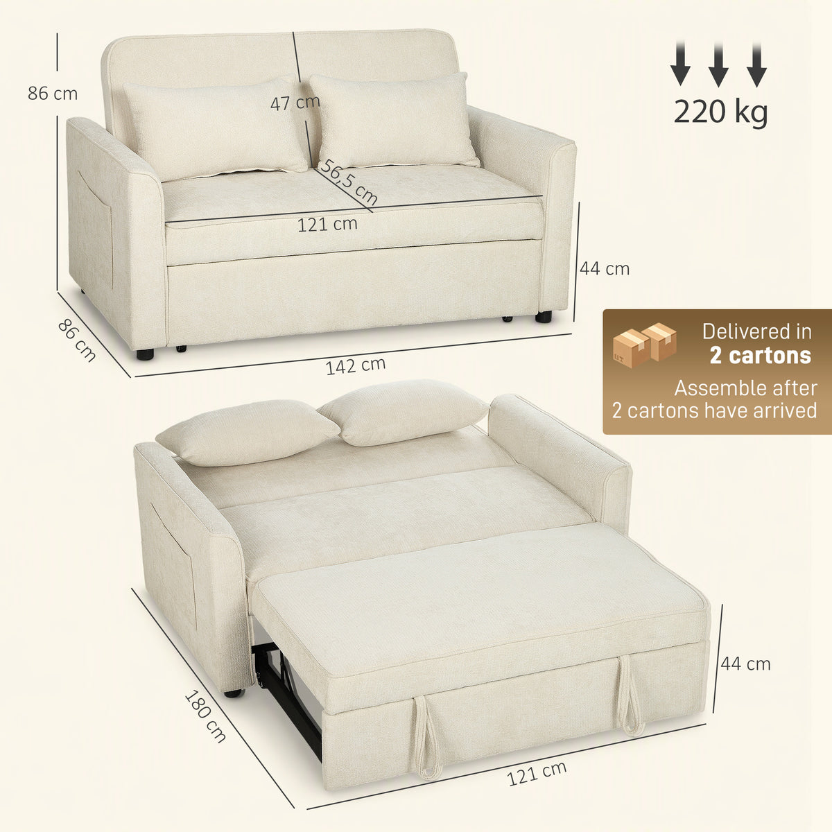 Canapé Convertible 2 Places 3 en 1, Canapé-Lit Clic Clac en Chenille 142 cm, Dossier Réglable, 2 Oreillers, Beige-2
