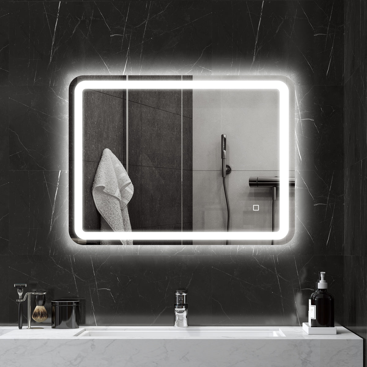 Miroir de salle de bain 60 x 80 cm, miroir LED mural avec 3 couleurs lumière, dimmable, mémoire, anti-buée, argent-1