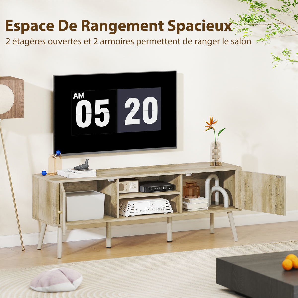 Meuble TV, meuble télé jusqu'à 65 pouces avec 2 portes, 2 compartiments ouverts, étagère réglable, 140x35x49cm, chêne-4