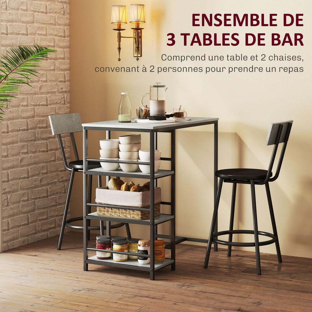 Ensemble table de bar avec 2 tabourets et étagères de rangement pour salle à manger, cuisine, gris et noir-3