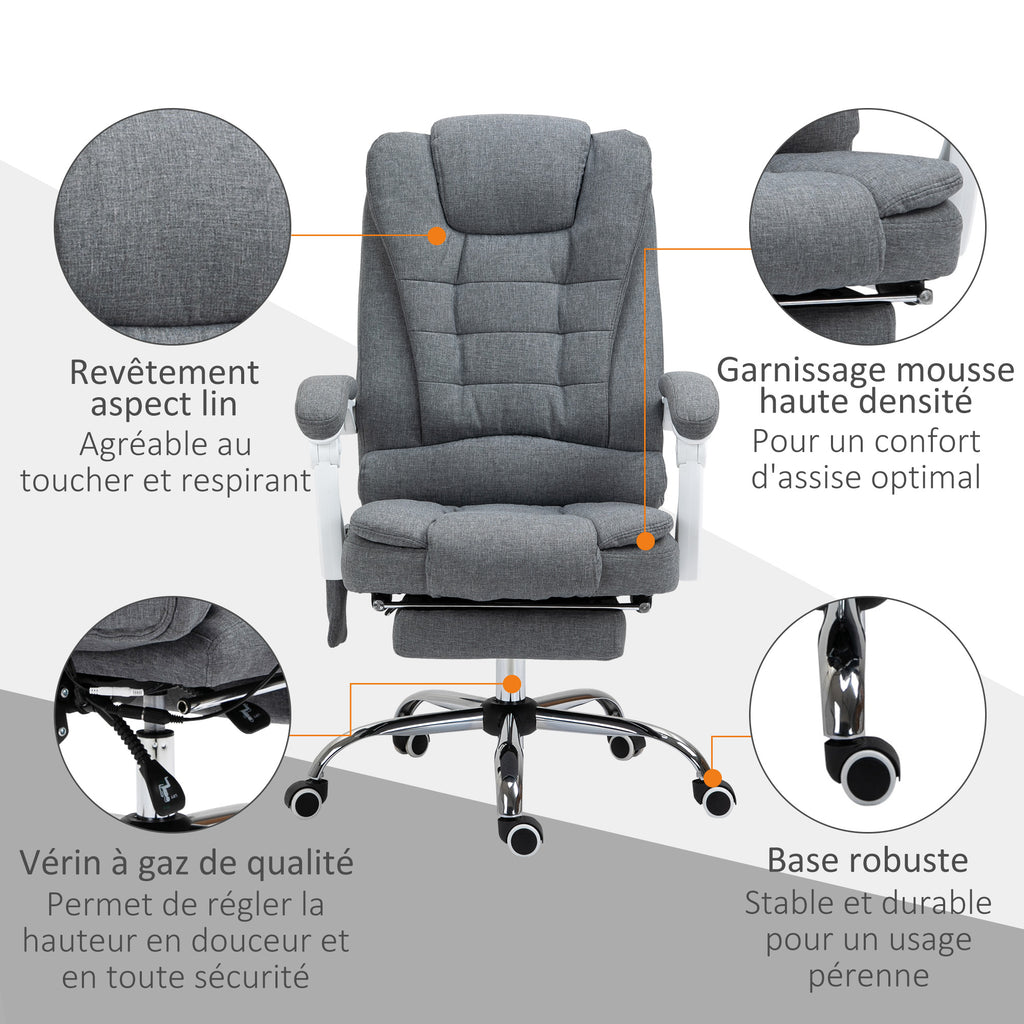 Fauteuil de bureau direction massant chauffant hauteur réglable dossier inclinable toile de lin gris-7