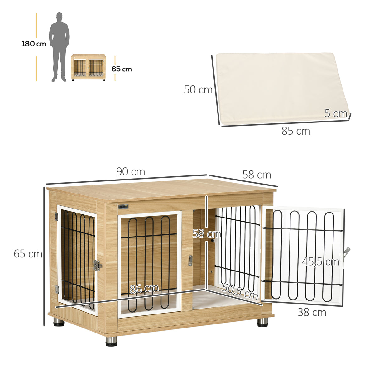 Cage pour chien animaux cage de chien sur pied avec coussin amovible acier aspect bois 90 x 58 x 65 cm-2