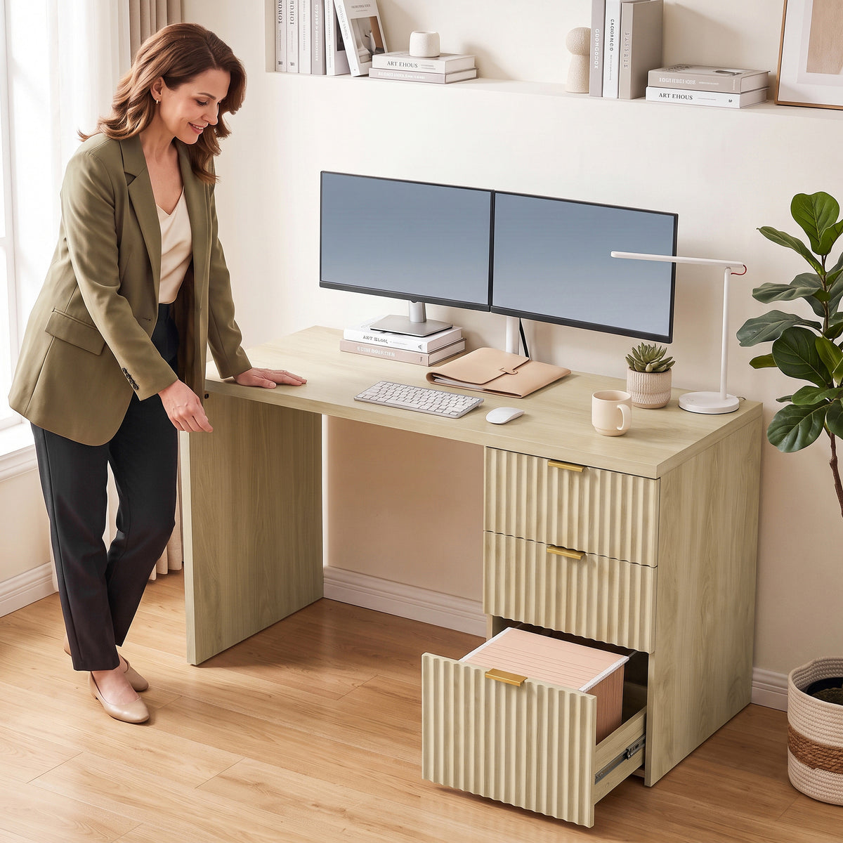 Bureau d'Ordinateur, Rangement Réversible, 3 Tiroirs Façades Ondulées, Plateau Épais et Spacieux, 120x50x76cm, Chêne-7