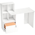 Bureau d'ordinateur avec bibliothèque 4 compartiments et tiroir verrouillable, 126 x 50 x 109 cm, grain de bois blanc-0