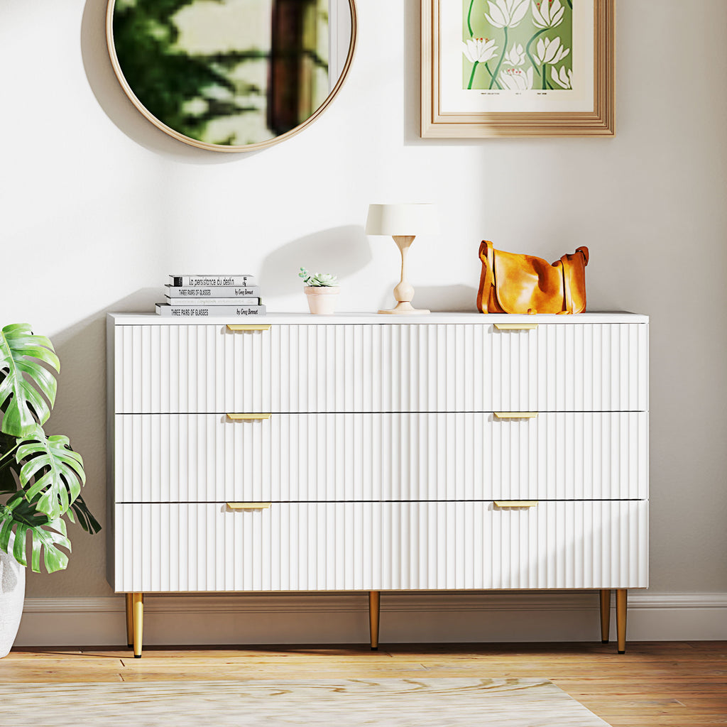 Commode 6 tiroirs commode chambre meuble de rangement moderne avec poignées et pieds dorés, 120 x 40 x 76,5 cm, blanc-6