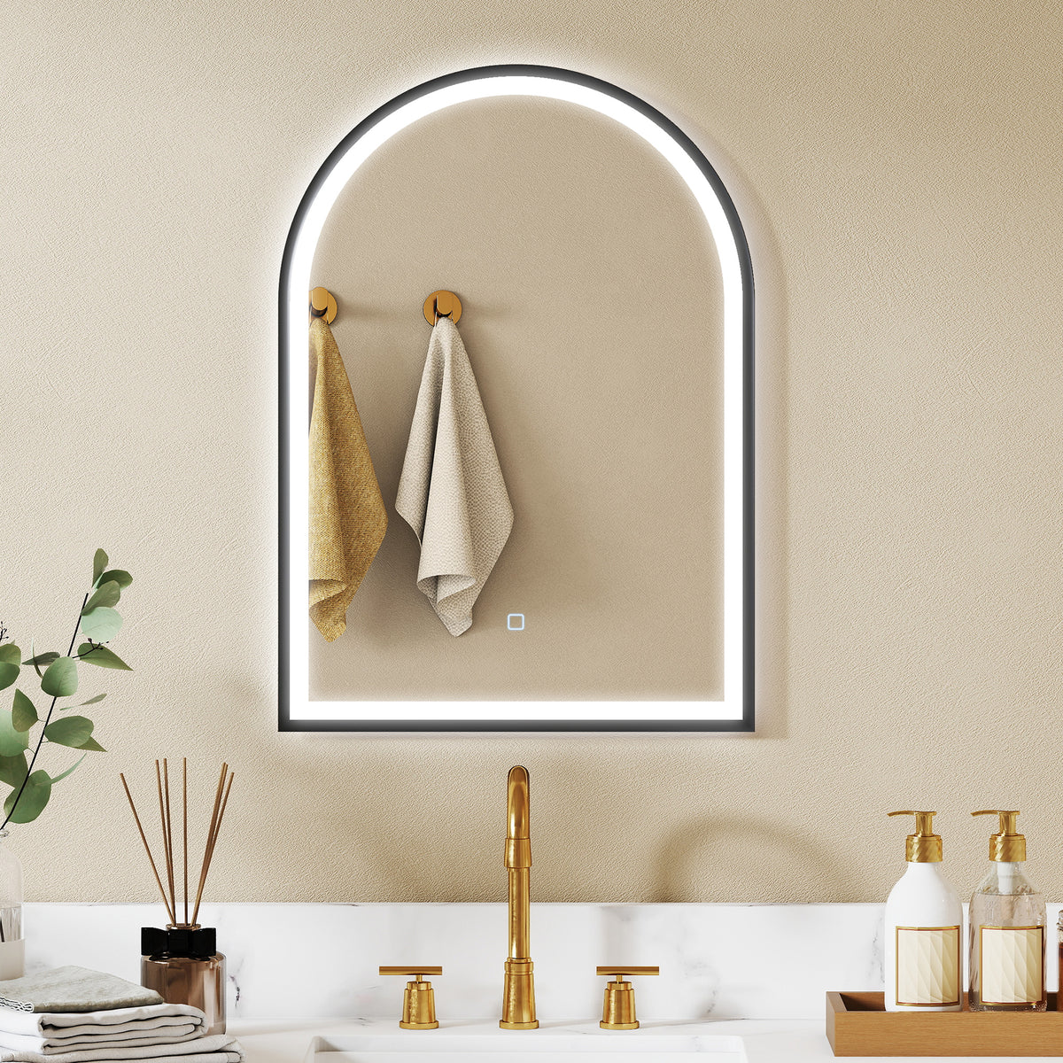 Miroir salle de bain avec éclairage 50 x 70 cm, miroir LED arqué, anti-buée, 3 couleurs lumière, dimmable, mémoire, noir-1