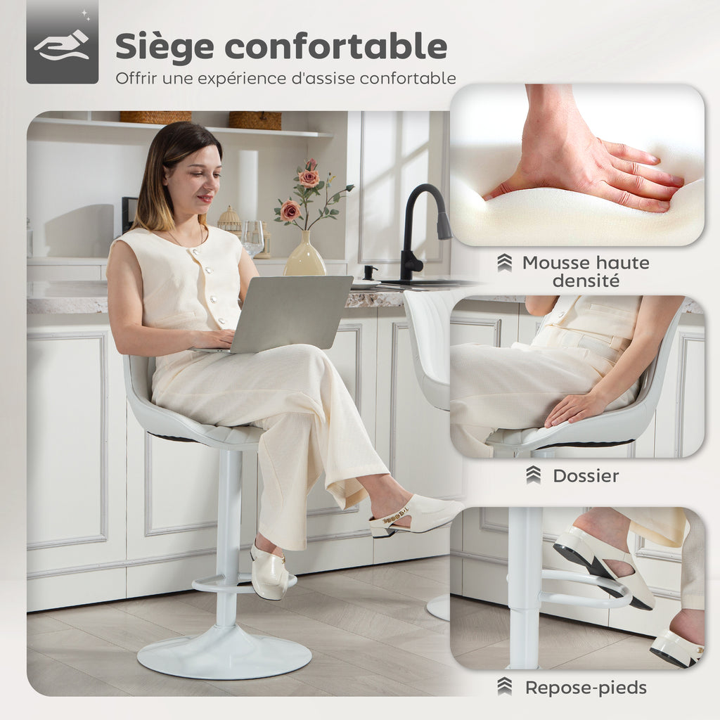 Lot de 2 tabourets de bar, chaises de bar structure en acier hauteur réglable 92-110 cm, dossier repose-pieds blanc-5