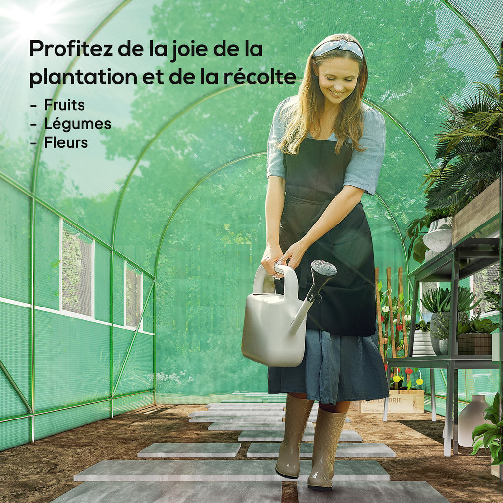 Serre de Jardin Tunnel Surface Sol 7m² 3,5L x 2l x 2H m châssis Tubulaire renforcé Porte zippée 6 fenêtres enroulables Vert-6