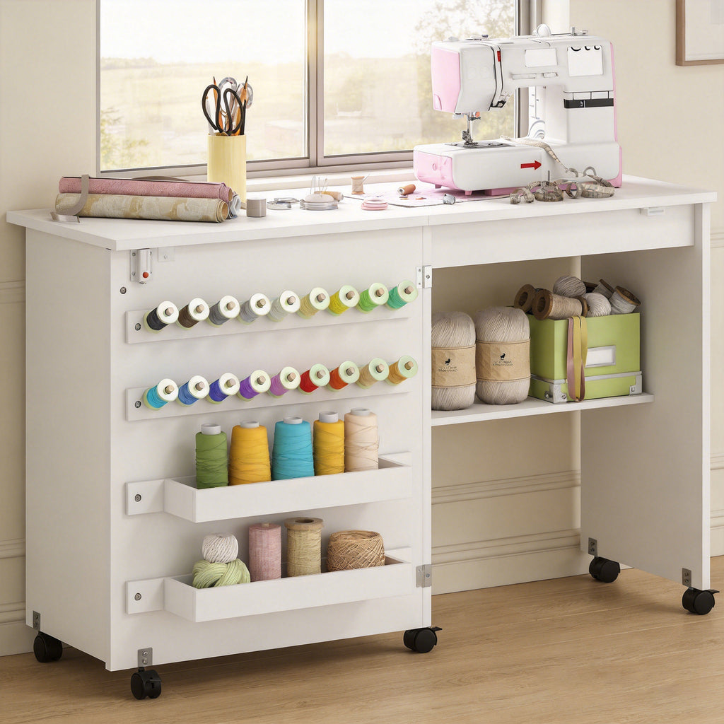 Table de Couture Pliante, Meuble Couture Roulant, Porte Magnétique de Grange, 2 Bacs, Étagère, 18 Chevilles, Blanc-8