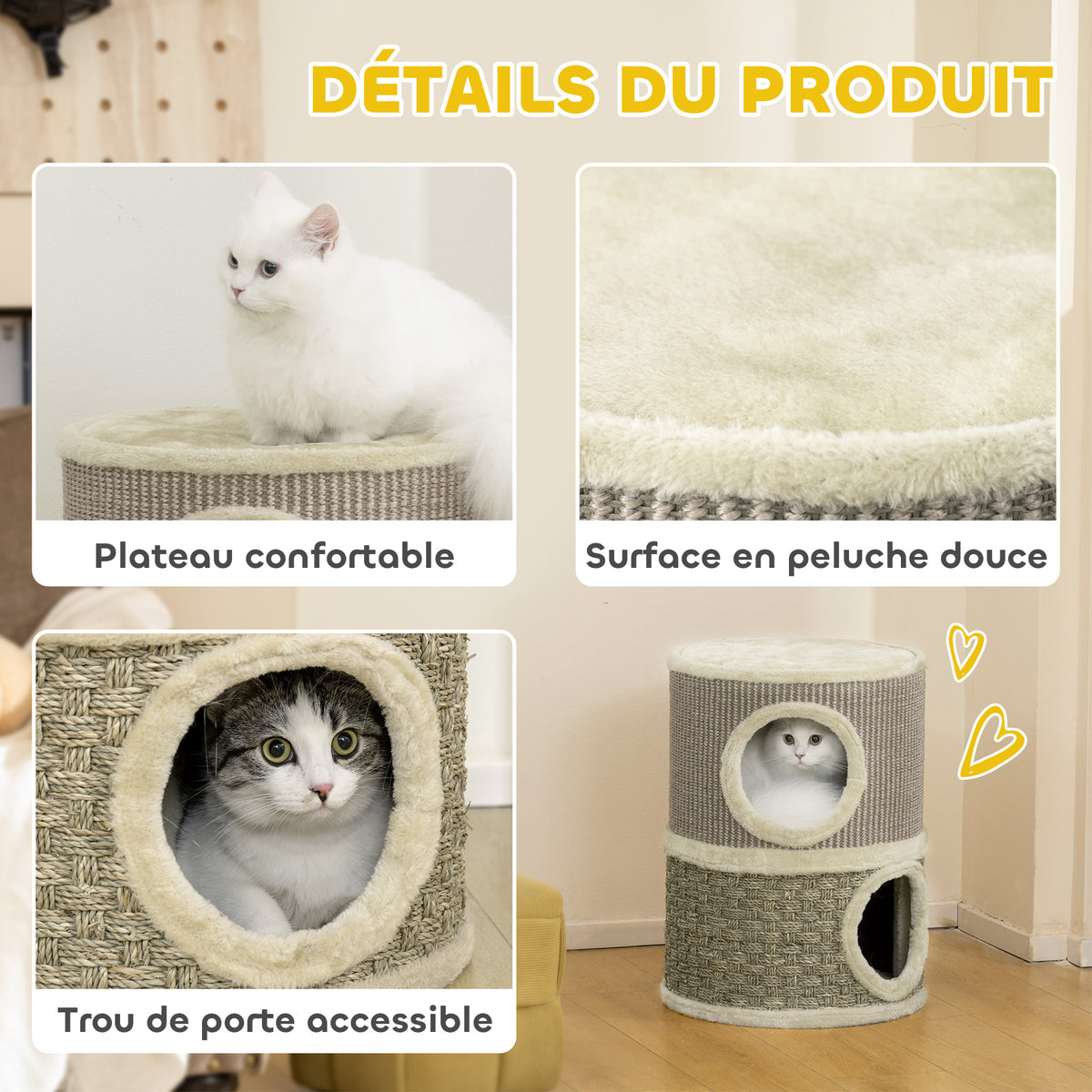 Tonneau à gratter pour chat arbre à chat sisal naturel et herbiers marins recouvert de peluche 35,5x35,5x49cm kaki café-4