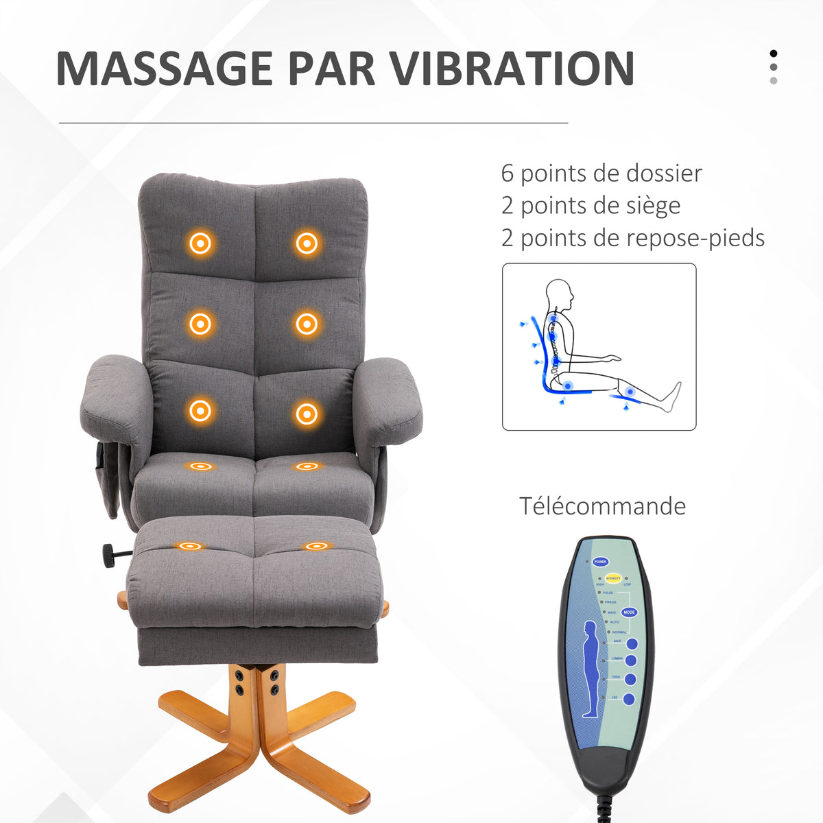 Fauteuil massant avec repose-pied - dossier inclinable jusqu'à 145°, coffre de rangement, appuie-têteet et télécommande-3