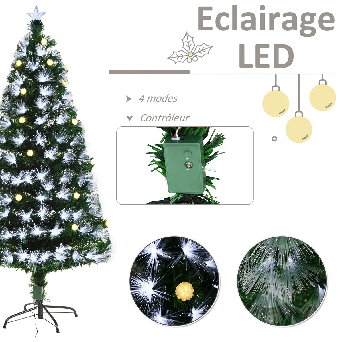 Sapin Noël Artificiel Lumineux 120H cm Fibre Optique LED + 20 Ampoules + Support Pied 130 Sommet Brillante Vert-5