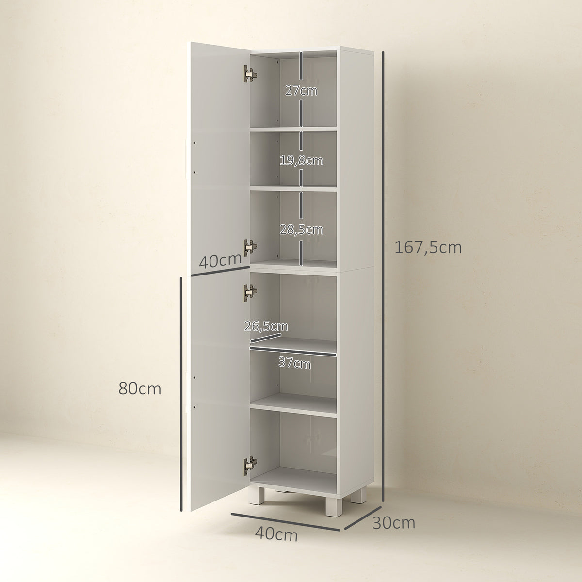 Armoire salle de bain haute meuble de rangement colonne 2 portes et étagères réglables 40 x 30 x 167,5 cm blanc-2