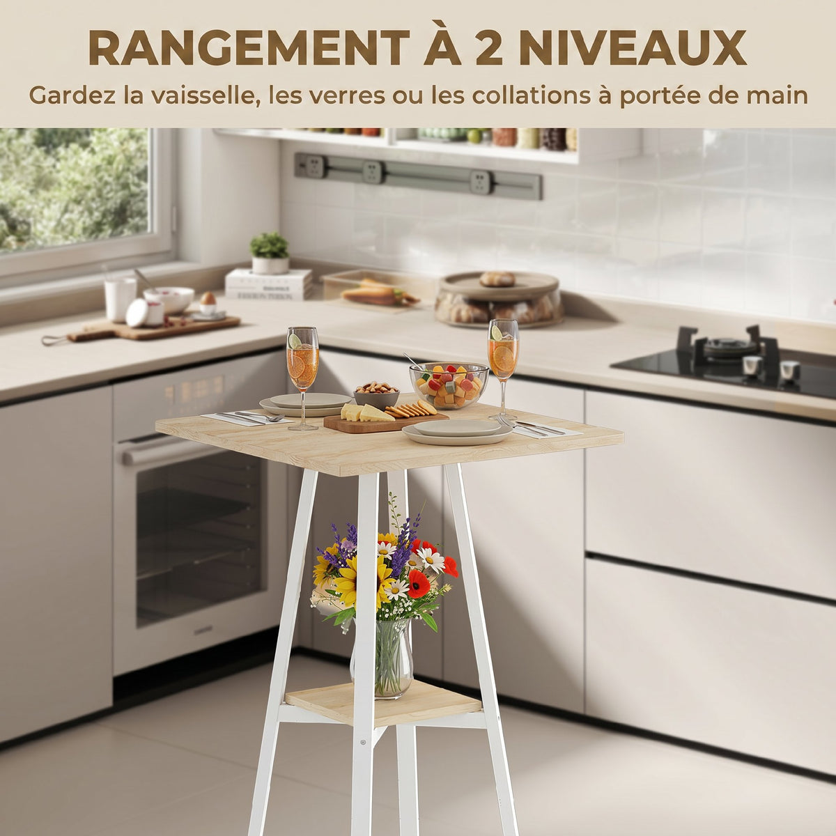 Table de bar carrée pour 2 personnes, table haute cuisine mange-debout avec étagère, 55 x 55 x 95 cm, naturel et blanc-3