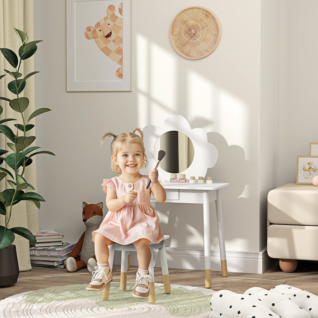 Ensemble coiffeuse pour enfant avec tabouret, coiffeuse 2 pièces pour enfants de 3 à 6 ans, miroir forme de nuage, blanc-1