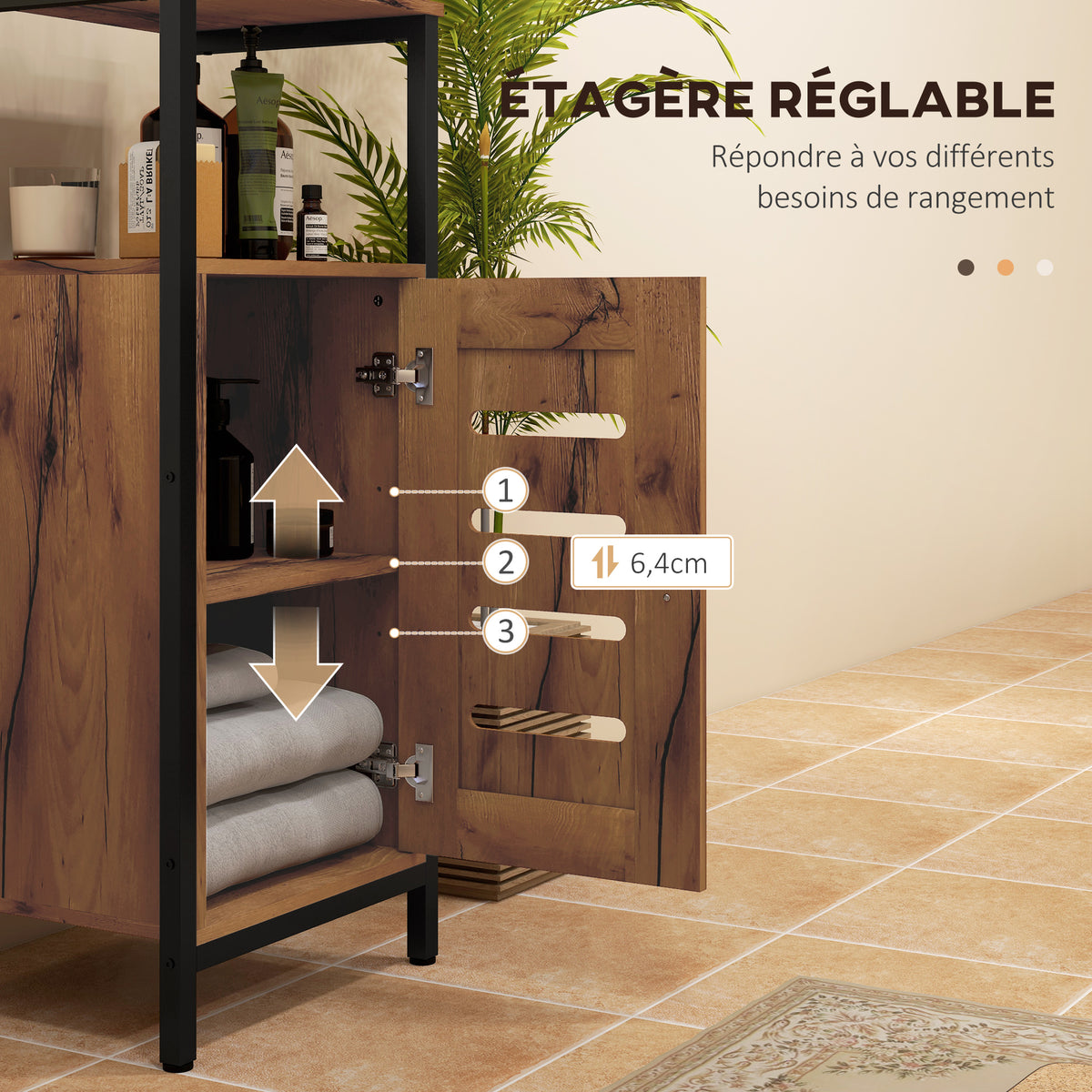 Meuble bas de salle de bain avec porte à lamelles structure en acier niche ouverte 37 x 30 x 85 cm brun rustique-4