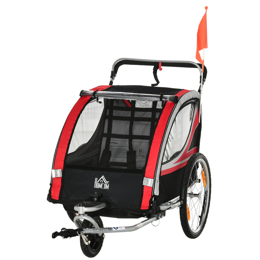 Remorque vélo pour enfant 2 en 1 convertible jogger poussette capacité 26,4 kg avec réflecteurs et drapeau - 2 places  - rouge-0