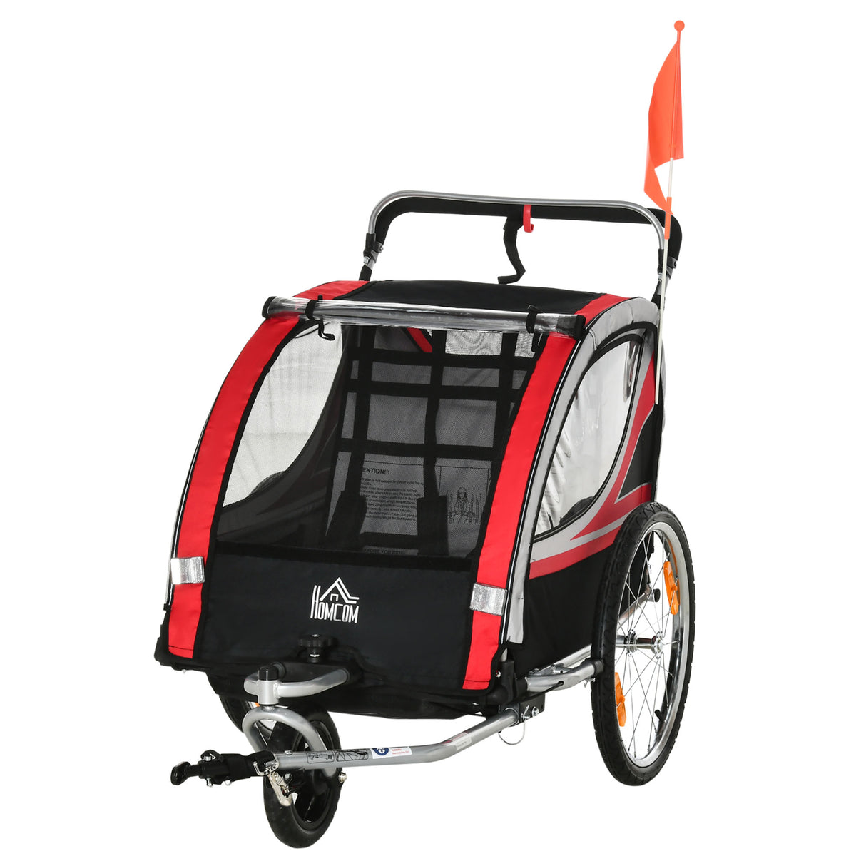 Remorque vélo pour enfant 2 en 1 convertible jogger poussette capacité 26,4 kg avec réflecteurs et drapeau - 2 places  - rouge-0