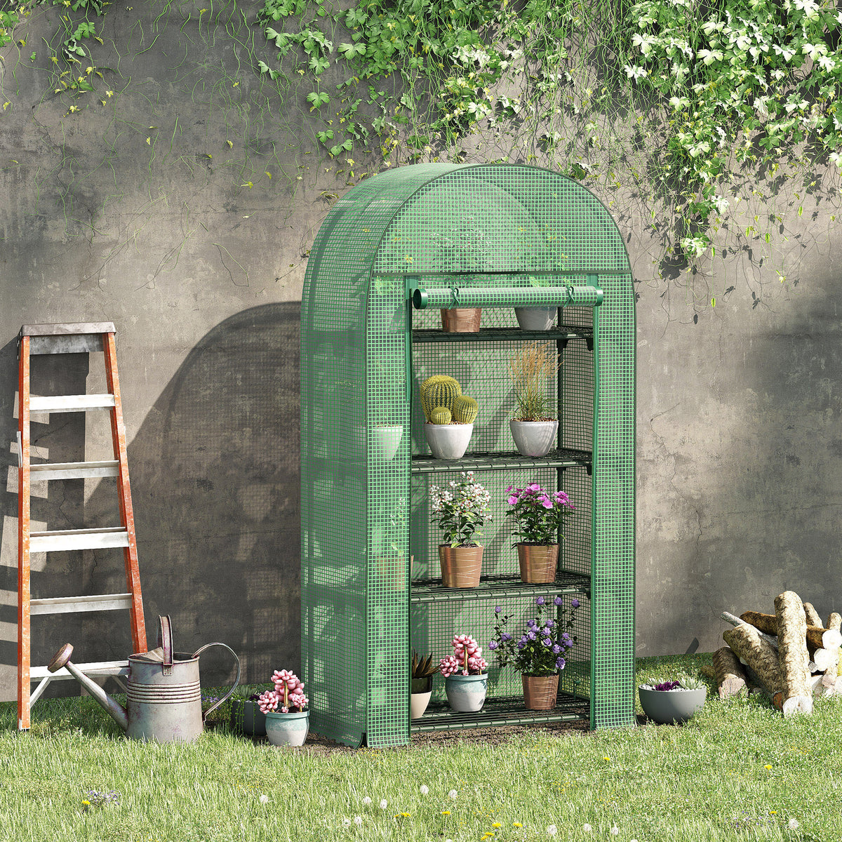 Serre de jardin serre de balcon résistante aux UV porte enroulable 4 étagères couverture en PE 80 x 49 x 160 cm vert-1