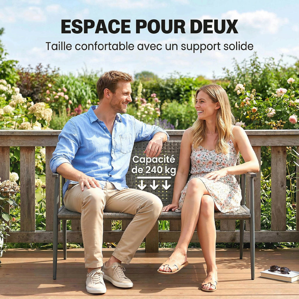 Banc de Jardin 2 places en Résine Tressée et Acier, avec Accoudoirs, Dossiers et Pieds Réglables, 110x58x78cm, Gris-6