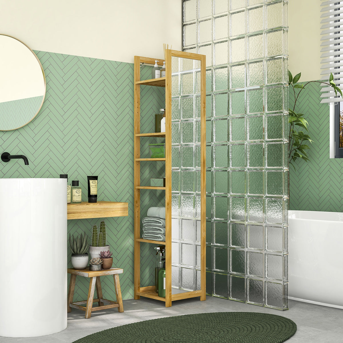 Meuble colonne de salle de bain à 6 niveaux en bambou avec miroir, 6 étagères, naturel, 35L x 35l x 168H cm-1