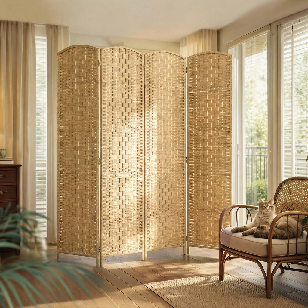 Paravent intérieur en bois 4 panneaux séparateur de pièce pliable pour salon chambre 180 x 180 cm bois naturel-1