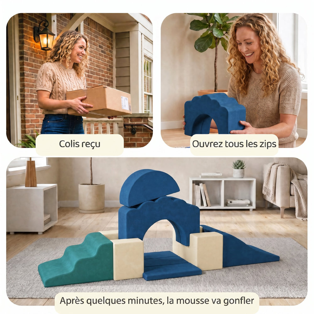 Parcours motricité bébé 7PCS, module en mousse avec housse en velours et base antidérapante, bleu-6