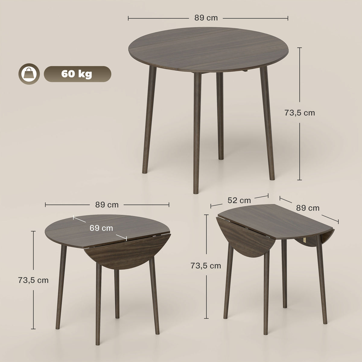 Table de salle à manger pliante 2 abattants, table ronde extensible pour 4 personnes, pieds en bois Ø 89 x 73,5 cm, gris-2