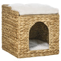 Niche pour chat 2 niveaux avec 2 coussins en jacinthe d'eau - 37,5 x 37,5 x 41,5 cm marron crème-0
