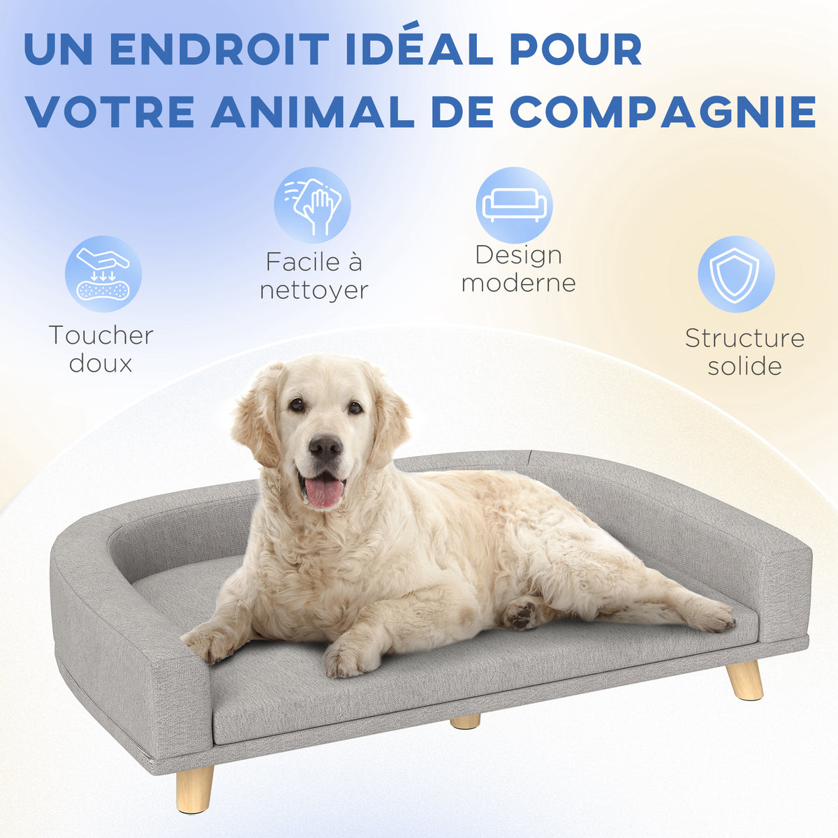 Canapé pour chien grand lit surélevé pour chien coussin lavable cadre en bois tissu polyester 98 x 67 x 25 cm gris-6