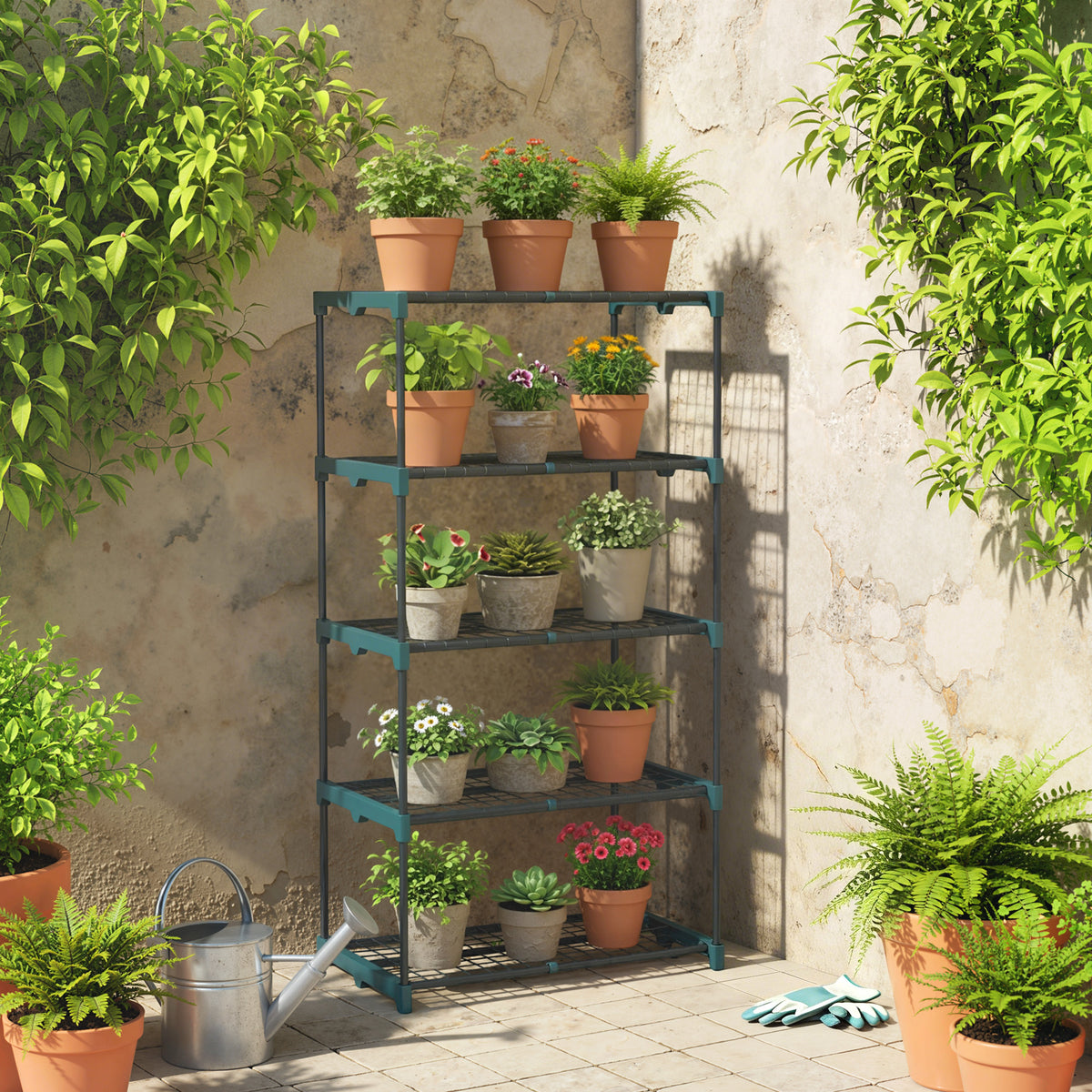 Étagère à fleurs en acier 5 niveaux intérieur et extérieur support de plantes pour jardin balcon salon 67x49x138cm vert-1