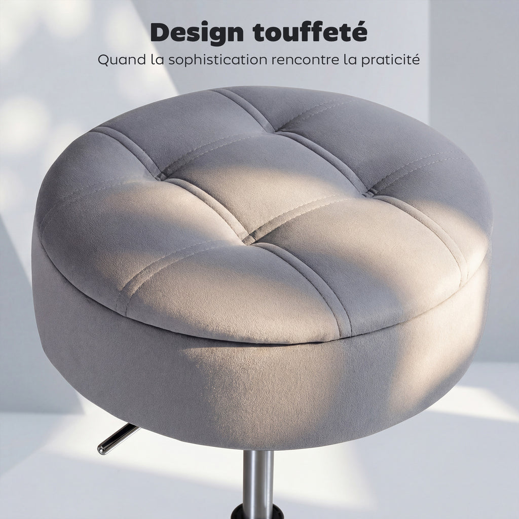 Tabouret de coiffeuse en velours, tabouret de maquillage pivotant avec rangement, hauteur réglable de 49-65 cm, gris-6