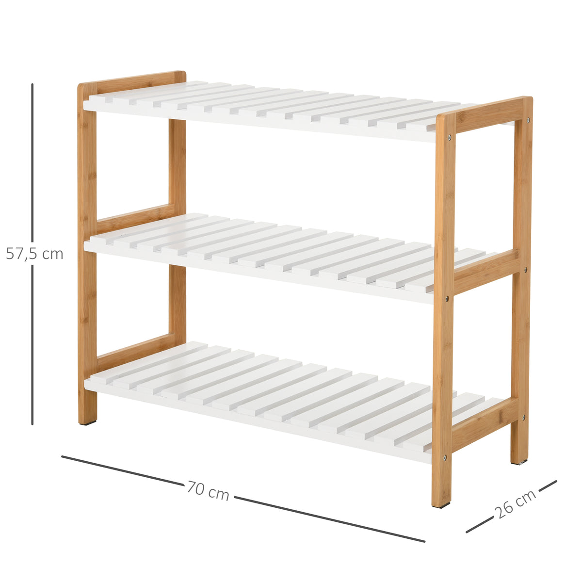 Étagère à chaussures à 3 niveaux, porte-chaussures en bois de pin avec 3 étagères à lattes, pour salon, entrée, 70 x 26 x 57,5 cm, blanc et effet bois naturel-2