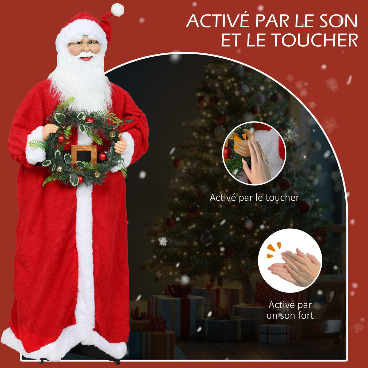 Figurine de Père Noël, debout de Père Noël, commande vocale, musique festive, bras pliables, 110 cm, rouge-3