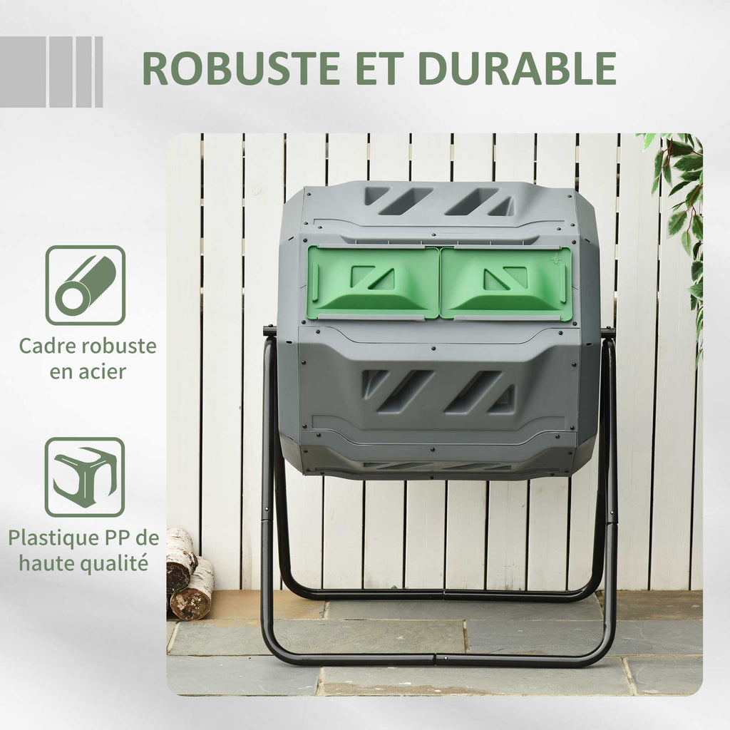 Composteur de Jardin - bac à Compost pour déchets - Rotatif 360° - Double Chambre 160 L - Acier PP Gris-6