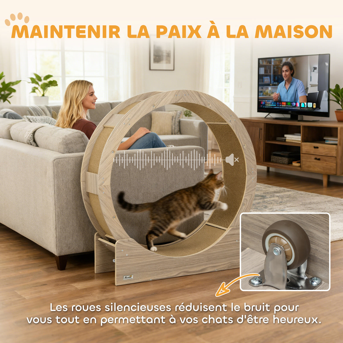 Roue d'exercice pour chat roue de course pour chat frein sécurisé et tapis de grattage amovible silencieux 91 cm marron-7