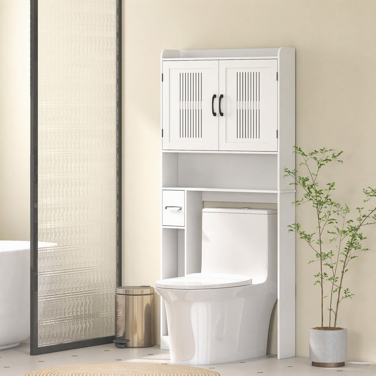 Meuble WC dessus de toilette ou machine à laver, 2 portes, 3 compartiments, porte-papier toilette, 80x19,5x170cm, blanc-1
